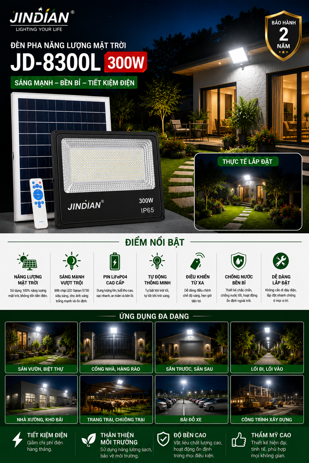 Đèn Pha Năng Lượng Mặt Trời Jindian JD-8300L (300W)