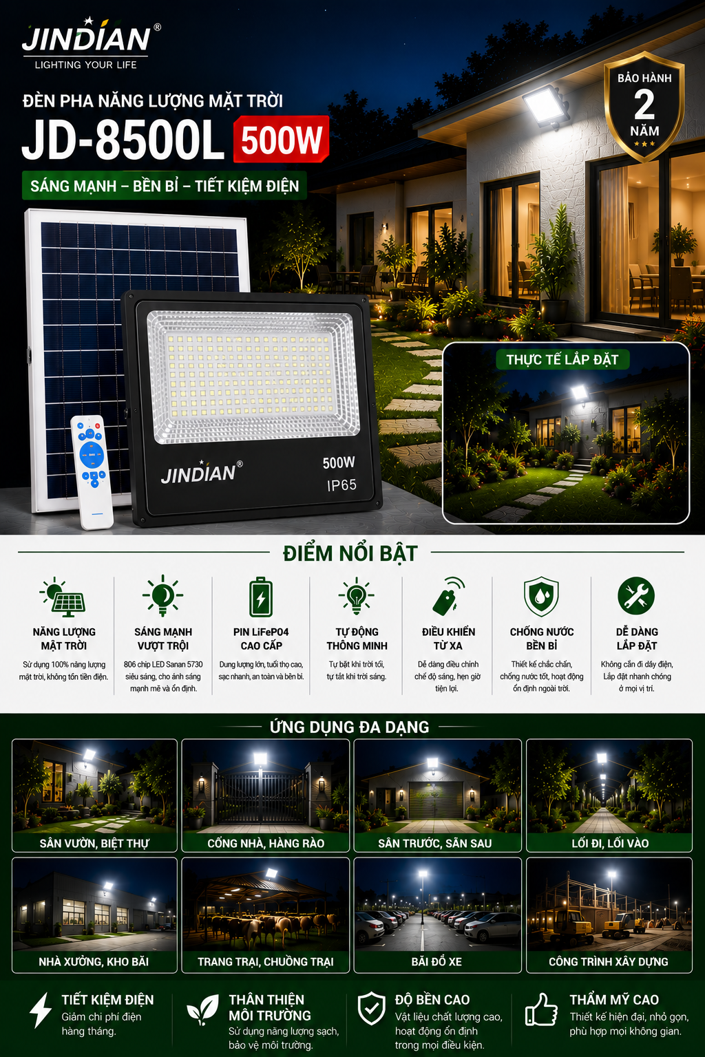 Jindian JD-8500L Solar Flood Light (500W)